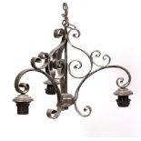 A WROUGHT IRON THREE BRANCH HANGING CEILING LIGHT approximately 43cm diameter x 36cm high