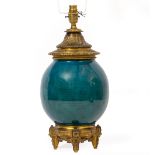 A TURQUOISE OVOID POTTERY AND GILT METAL MOUNTED TABLE LAMP 19cm diameter x 42.5cm high to the top