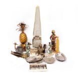 A QUANTITY OF VARIOUS METALWARE to include silver plated dishes, carved soapstone figure of a wise