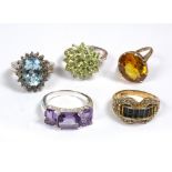 FIVE DRESS RINGS with coloured stones
