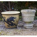 A RECONSTITUTED STONE CYLINDRICAL SMALL PLANTER with a band of arcaded decoration, 39cm diameter x