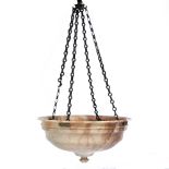 A TURNED ALABASTER PLAFONNIER with suspension chains, 51cm diameter x 26cm high