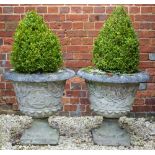 A PAIR OF RECONSTITUTED STONE GARDEN URNS decorated with fruiting vine and on shaped supports and