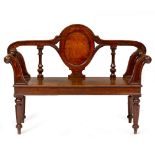 A 19TH CENTURY WILLIAM KENT STYLE OAK BENCH OR WINDOW SEAT with shaped back, scrolling arms, solid