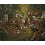 A LARGE LATE 19TH CENTURY SCHOOL PAINTING depicting a young man taming a number of tigers,