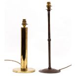 A WROUGHT IRON TABLE LAMP with narrow knoped stem and spreading circular base, 51cm high together