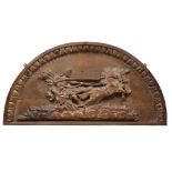 AN ANTIQUE CARVED PINE D SHAPED PANEL depicting a charioteer beneath arching egg and dart