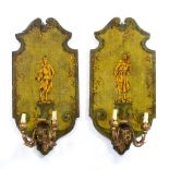 A PAIR OF ANTIQUE CHINOISERIE PAINTED AND GILDED PINE BACKED TWIN BRANCH GILT METAL WALL SCONCES