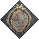 A LARGE 19TH CENTURY ARMORIAL PAINTING on canvas, mounted in gilt and ebonised moulded wooden frame,