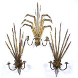 A GILT WROUGHT METAL THREE BRANCH WALL SCONCE moulded as bullrushes, 50cm wide x 72cm high