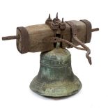 A GEORGE III BRONZE BELL dated 1815 with an oak and iron mount, the bell 30.5cm diameter x 30cm