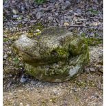 A MOSS COVERED RECONSTITUTED STONE FROG SCULPTURE 23cm wide x 39cm long x 20cm high