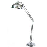 A LARGE CHROME PLATED FLOOR STANDING ANGLE POISE TYPE LAMP on a circular base and with sprung