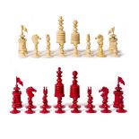 A 19TH CENTURY TURNED BONE ANGLO-INDIAN CHESS SET with carved decoration, the kings 11.5cm high (one