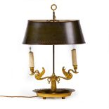 AN OLD CONTINENTAL BOUILLOTTE TYPE TABLE LAMP with adjustable toleware shade, the brass oval stand
