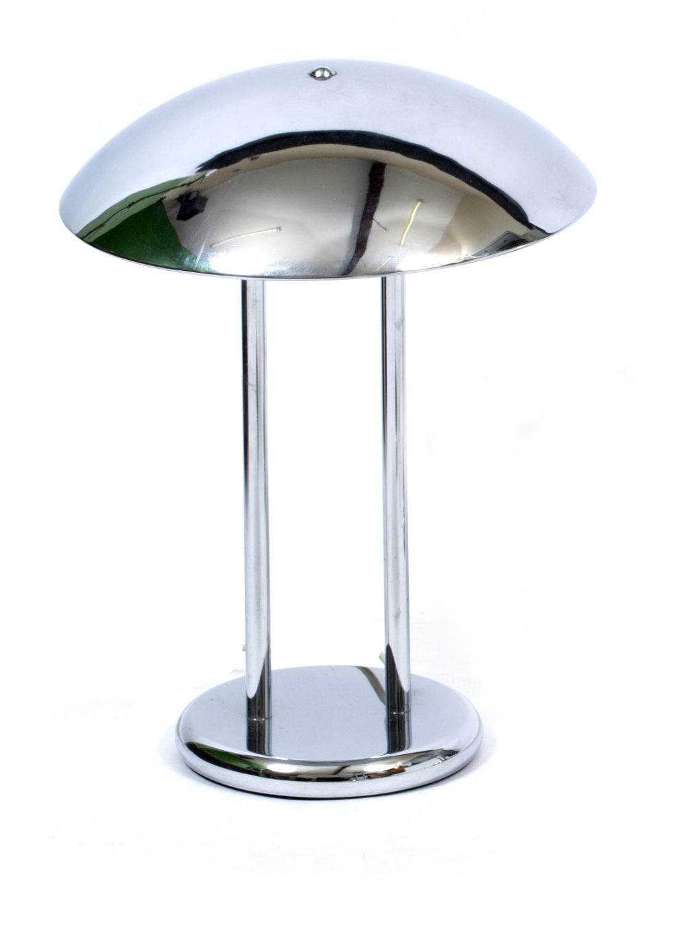 A MODERNIST CHROME PLATED TABLE LAMP circa 1985, with domed top, twin pillar support and spreading