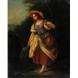 A 19TH CENTURY OIL ON COPPER of a young girl crossing a stream, 37.5cm x 30cm