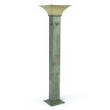 A GREEN PAINTED PRESSED METAL FLOOR STANDING LAMP of square form with a tapering fibreglass shade,
