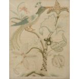 A CREWEL WORK PICTURE wool on linen, depicting a hummingbird on a fig tree, 43cm x 33cm