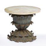 A CIRCULAR MARBLE TOPPED LOW OCCASIONAL TABLE the painted wrought iron base decorated with an