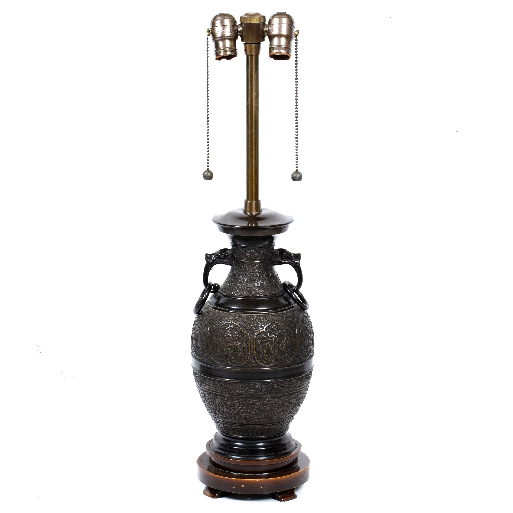 A PAIR OF TABLE LAMPS in the form of cast bronze Oriental style vases, decorated with bands of - Image 2 of 2