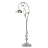 A WHITE PAINTED WROUGHT IRON ELSA TYPE LAMP with pierced circular base, 189cm high