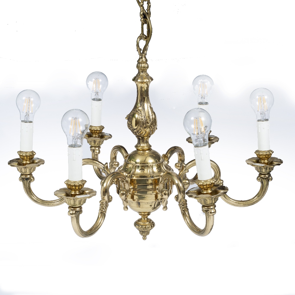 A 18TH CENTURY STYLE CAST BRASS SIX LIGHT ELECTROLIER OR CHANDELIER with scrolling branches, 67cm
