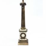 A BRASS AND PAINTED METAL TABLE LAMP in the form of classical fluted column, the plinth base set