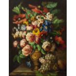 AN 18TH CENTURY STILL LIFE vase of flowers, grapes and a pear in the foreground, oil on canvas, laid