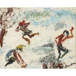 SANDRA KINGSLEY (MID 20TH CENTURY ENGLISH SCHOOL) 'Snow Ballers', oil on canvas, signed lower