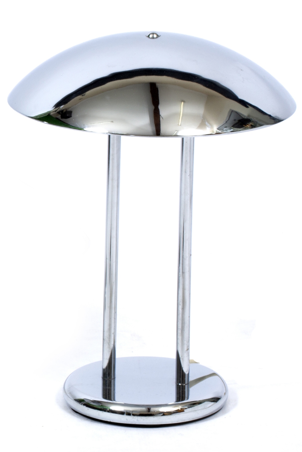 A MODERNIST CHROME PLATED TABLE LAMP circa 1985, with domed top, twin pillar support and spreading