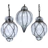 THREE, POSSIBLY ITALIAN, BULBOUS GLASS HANGING LIGHT FITTINGS the largest 50cm long (3)