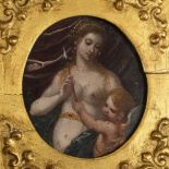 18TH CENTURY SCHOOL Venus chastising Cupid, oil on copper, 10cm x 8.5cm (oval), set within a gilt