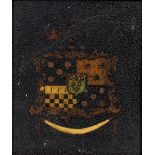 A 19TH CENTURY COAT OF ARMS oil on panel and set within a gilt frame, the picture 17cm x 14.5cm