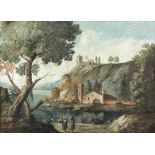 18TH CENTURY STYLE ITALIAN SCHOOL Buildings beside a lake, body colour, 78cm x 108cm