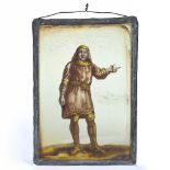 AN 18TH CENTURY PAINTED STAINED GLASS PANEL depicting a gentleman pointing the way, within a