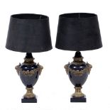 A PAIR OF FRENCH STYLE BLUE GLAZED CAST METAL MOUNTED TABLE LAMPS in the form of urns and covers,