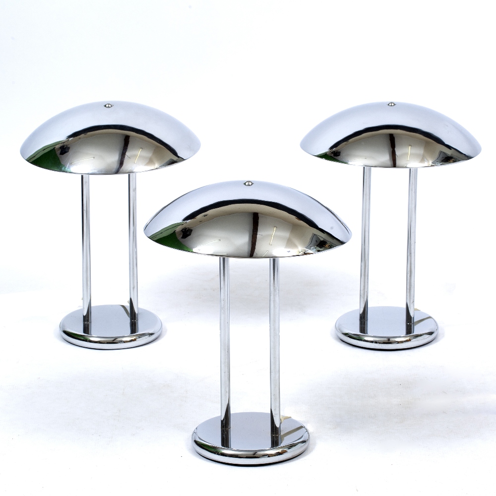 A MODERNIST CHROME PLATED TABLE LAMP circa 1985, with domed top, twin pillar support and spreading - Image 2 of 2