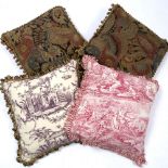 FOUR CUSHIONS, two French toile and two French woven tapestry cushions depicting knights on