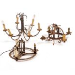 AN OLD WROUGHT IRON FOUR LIGHT ELECTROLIER with hanging hooks, 48cm wide together with a three light