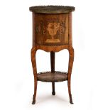 A CONTINENTAL ROSEWOOD CYLINDRICAL MARQUETRY INLAID TABLE with pierced brass galleried top, the