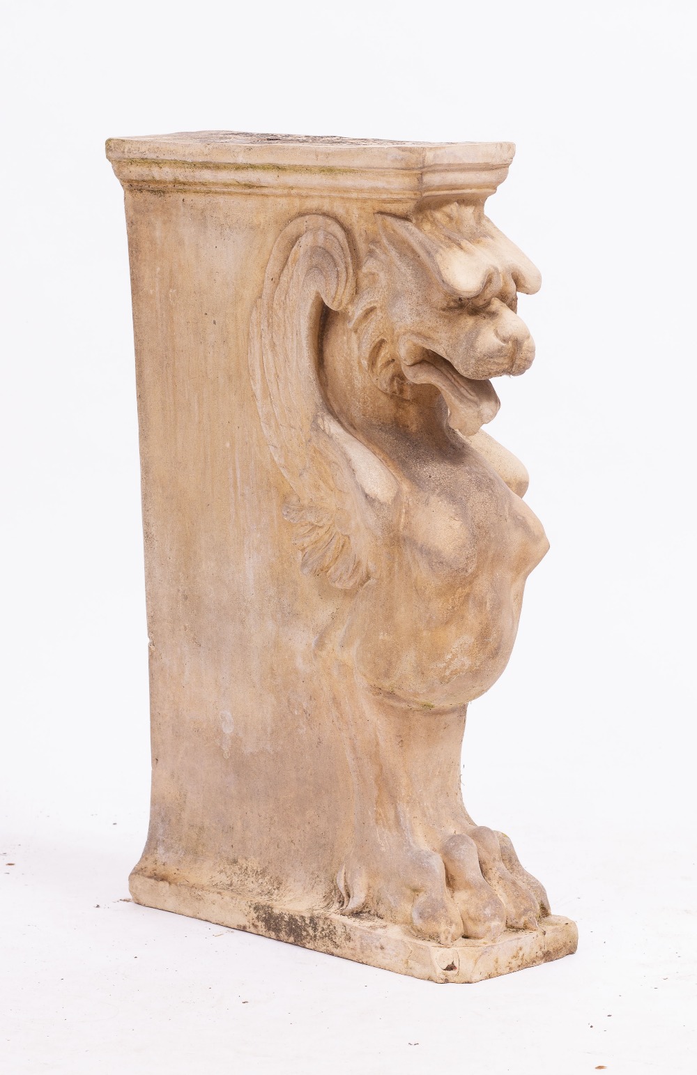 A VICTORIAN BUFF TERRACOTTA MONOPODIA with griffin term, 17cm wide x 37cm deep x 59.5cm high overall - Image 5 of 5