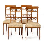 A SET OF FOUR EDWARDIAN SHERATON STYLE MAHOGANY AND SATINWOOD INLAID SIDE CHAIRS with pierced