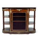 AN 18TH CENTURY FRENCH STYLE WALNUT SERPENTINE SIDE CABINET with gilt metal mounts, open shaped