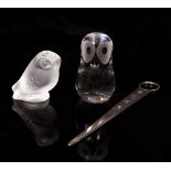 A LALIQUE GLASS OWL 6cm high with an engraved mark beneath together with a Wedgwood glass owl with