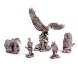 A FILLED HALLMARKED SILVER SCULPTURE of an eagle together with four further hallmarked filled silver