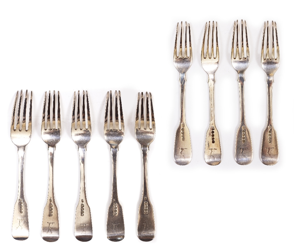 A SET OF FOUR GEORGE III FIDDLE PATTERN SILVER TABLE FORKS by Solomon Haugham, with stags head crest - Image 2 of 3