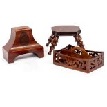 A 19TH CENTURY YEW WOOD CANDLE STAND with rectangular top and turned legs, the top 15cm wide, the