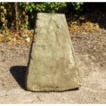 A CAST RECONSTITUTED STONE STADDLE STONE BASE of spreading rectangular section, 42cm wide x 34cm