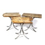 A SET OF THREE GARDEN TABLES with oak plank tops of naturalistic form and brushed steel bases,